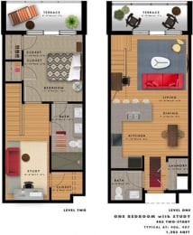 1 bedroom 1.5  bathroom floor planat 20 Midtown, Alabama
