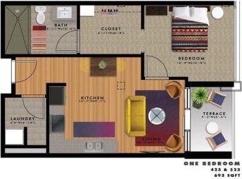 1 bedroom 1 bathroom floor plan I at 20 Midtown, Birmingham, 35233