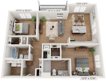 Classic apartment floor plan with private balcony/patio