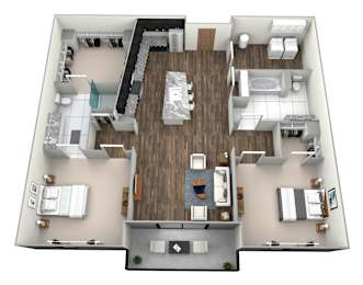 A 3D floor plan of a house with a kitchen, living room, dining room, and bedrooms.