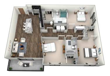 A 3D floor plan of a house with a kitchen, living room, dining room, and bedrooms.