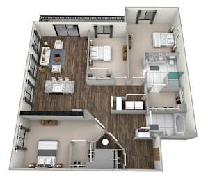 A 3D floor plan of a house with a kitchen, living room, and bedrooms.