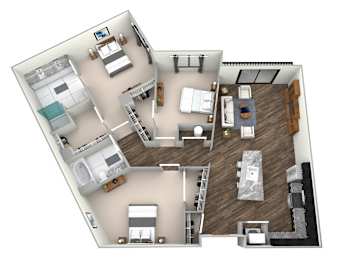 A 3D floor plan of a house with multiple rooms and furniture.