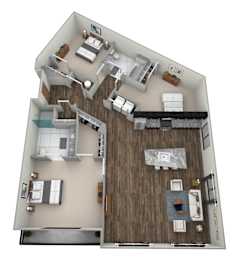 A 3D rendered image of a modern apartment layout.