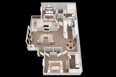 Floor Plan  Camelia Two-Bedroom 3D floor plan apartment with a living room, dining room, kitchen, and balcony at Summerchase at Riverchase in Hoover, Alabama.