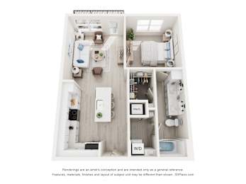 3-D Floor Plan of a one-bedroom, one-bathroom apartment at Cavala Apartments in Orange Beach, AL