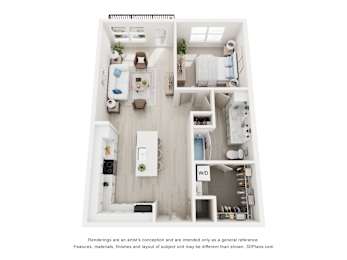 3-D Floor Plan of a one-bedroom, one-bathroom apartment at Cavala Apartments in Orange Beach, AL