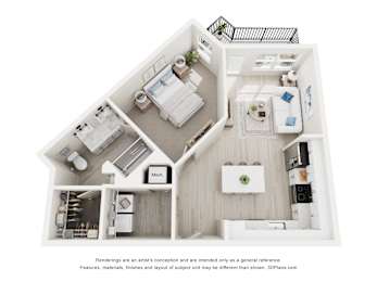 3-D Floor Plan of a one-bedroom, one-bathroom apartment at Cavala Apartments in Orange Beach, AL