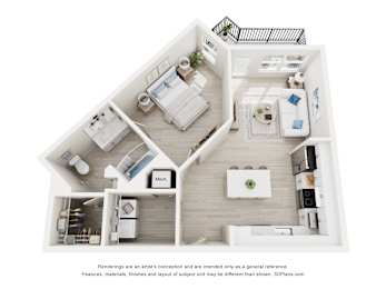 3-D Floor Plan of a one-bedroom,one-bathroom handicap accessible ADA apartment at Cavala Apartments in Orange Beach, AL