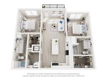 3-D Floor Plan of a two-bedroom, two-bathroom apartment at Cavala Apartments in Orange Beach, AL