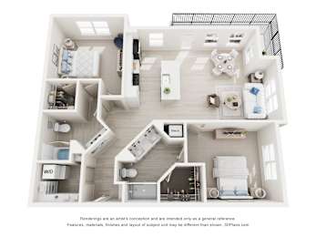 3-D Floor Plan of a second floor two-bedroom, two-bathroom apartment at Cavala Apartments in Orange Beach, AL