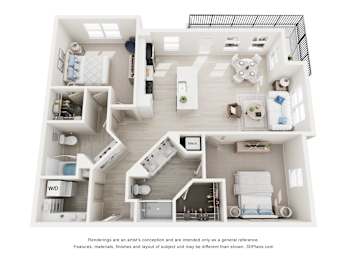 3-D Floor Plan of a two-bedroom, two-bathroom apartment at Cavala Apartments in Orange Beach, AL