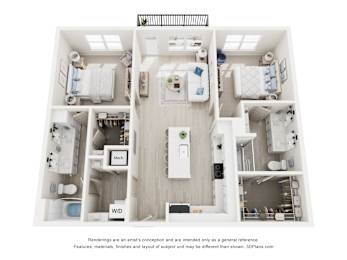 3-D Floor Plan of a two-bedroom, two-bathroom apartment at Cavala Apartments in Orange Beach, AL