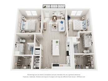 3-D Floor Plan of a two-bedroom, two-bathroom apartment at Cavala Apartments in Orange Beach, AL