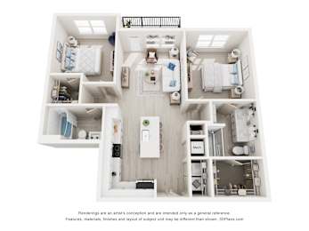 3-D Floor Plan of a two-bedroom, two-bathroom apartment at Cavala Apartments in Orange Beach, AL