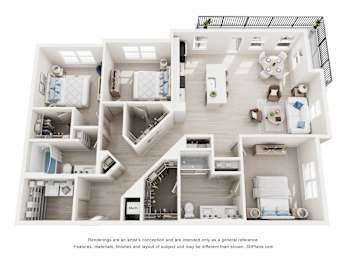 3-D Floor Plan of a three-bedroom, two-bathroom apartment at Cavala Apartments in Orange Beach, AL