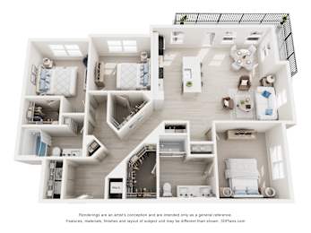 3-D Floor Plan of a three-bedroom, two-bathroom apartment at Cavala Apartments in Orange Beach, AL