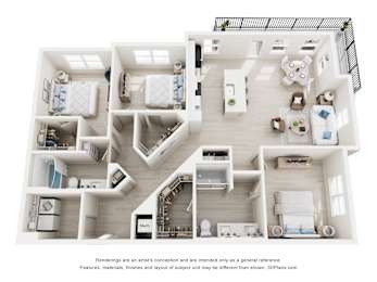 3-D Floor Plan of a three-bedroom, two-bathroom, handicap accessible ADA apartment at Cavala Apartments in Orange Beach, AL
