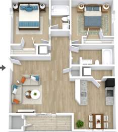 Floor Plan  3-D floor plan of a 2BR/2BA apartment at Crystal Lake Apartments in Pensacola, FL