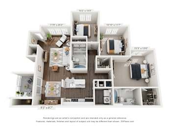 Floor Plan  The Okracoke Three-Bedroom Apartment Floorplan Rendering