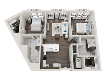 3D floor plan with two bedrooms and central living area at 2020 Providence Apartments, Huntsville, AL 35806