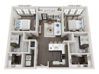 3D floor plan with two bedrooms and kitchen island at 2020 Providence Apartments, Huntsville, AL