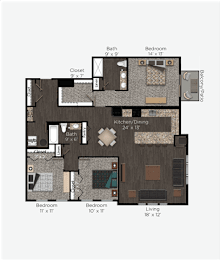 Floor Plan  Floor Plan Rendering of a Three Bedroom Two Bathroom apartment at The Pomenade at Founders Square Apartments in Portage, IN