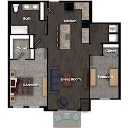 Floor Plan  Floor Plan Rendering of a Two Bedroom One Bathroom apartment flat at The Promenade at Founders Square Apartments in Portage, IN