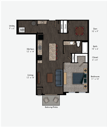 Floor Plan  Floor Plan Rendering of a One Bedroom One Bathroom apartment flat at The Promenade at Founders Square Apartments in Portage, IN