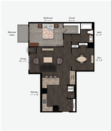Floor Plan  Floor Plan Rendering of a One Bedroom One Bathroom apartment flat at The Promenade at Founders Square Apartments in Portage, IN