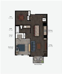 Floor Plan  Floor Plan Rendering of a One Bedroom One Bathroom apartment flat at The Promenade at Founders Square Apartments in Portage, IN