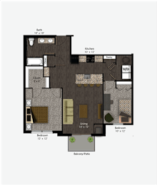 Floor Plan  Floor Plan Rendering of a Two Bedroom One Bathroom apartment flat at The Promenade at Founders Square Apartments in Portage, IN