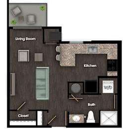 Floor Plan  rendering of a studio apartment at The Promenade at Founders Square in Portage, IN