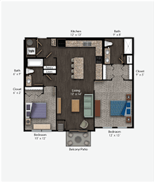 Floor Plan  Floor Plan Rendering of a Two Bedroom Two Bathroom apartment at The Pomenade at Founders Square Apartments in Portage, IN