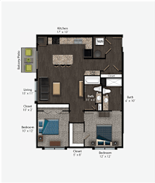 Floor Plan  Floor Plan Rendering of a Two Bedroom Two Bathroom apartment at The Pomenade at Founders Square Apartments in Portage, IN