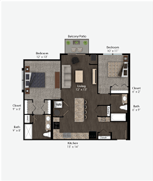 Floor Plan  Floor Plan Rendering of a Two Bedroom Two Bathroom apartment flat at The Promenade at Founders Square Apartments in Portage, IN