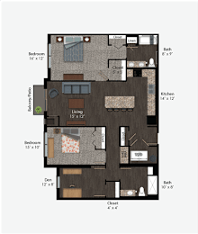 Floor Plan  Floor Plan Rendering of a Two Bedroom Two Bathroom apartment at The Pomenade at Founders Square Apartments in Portage, IN