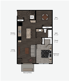 Floor Plan  Floor Plan Rendering of a One Bedroom One Bathroom apartment flat at The Promenade at Founders Square Apartments in Portage, IN