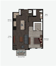 Floor Plan  rendering of a one-bedroom apartment at The Promenade at Founders Square in Portage, IN