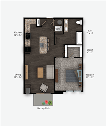 Floor Plan  floor plan rendering of a One Bedroom One Bathroom apartment flat at The Promenade at Founders Square Apartments in Portage, IN