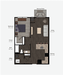 Floor Plan  floor plan rendering of a one-bedroom apartment at The Promenade at Founders Square in Portage, IN