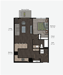 Floor Plan  floor plan rendering of a one-bedroom apartment at The Promenade at Founders Square in Portage, IN
