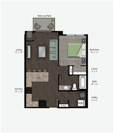 Floor Plan  Floor Plan Rendering of a One Bedroom One Bathroom apartment flat at The Promenade at Founders Square Apartments in Portage, IN