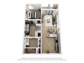 A 3D floor plan of a small apartment with a kitchen, living room, and two bedrooms.