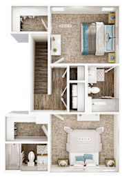 A floor plan of a small apartment with a bedroom, bathroom, and kitchen.