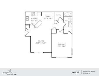 A floor plan of a one bedroom apartment with a living area, kitchen, bathroom and laundry room.