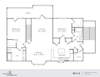 A floor plan of a two bedroom, two bath apartment with a deck.