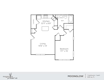 A floor plan of a one bedroom apartment with a living area, kitchen, and bathroom.