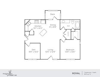 A floor plan of a one bedroom apartment with a den and a living room.