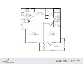 A floor plan of a small apartment with a kitchen, living room, bedroom, and bathroom.